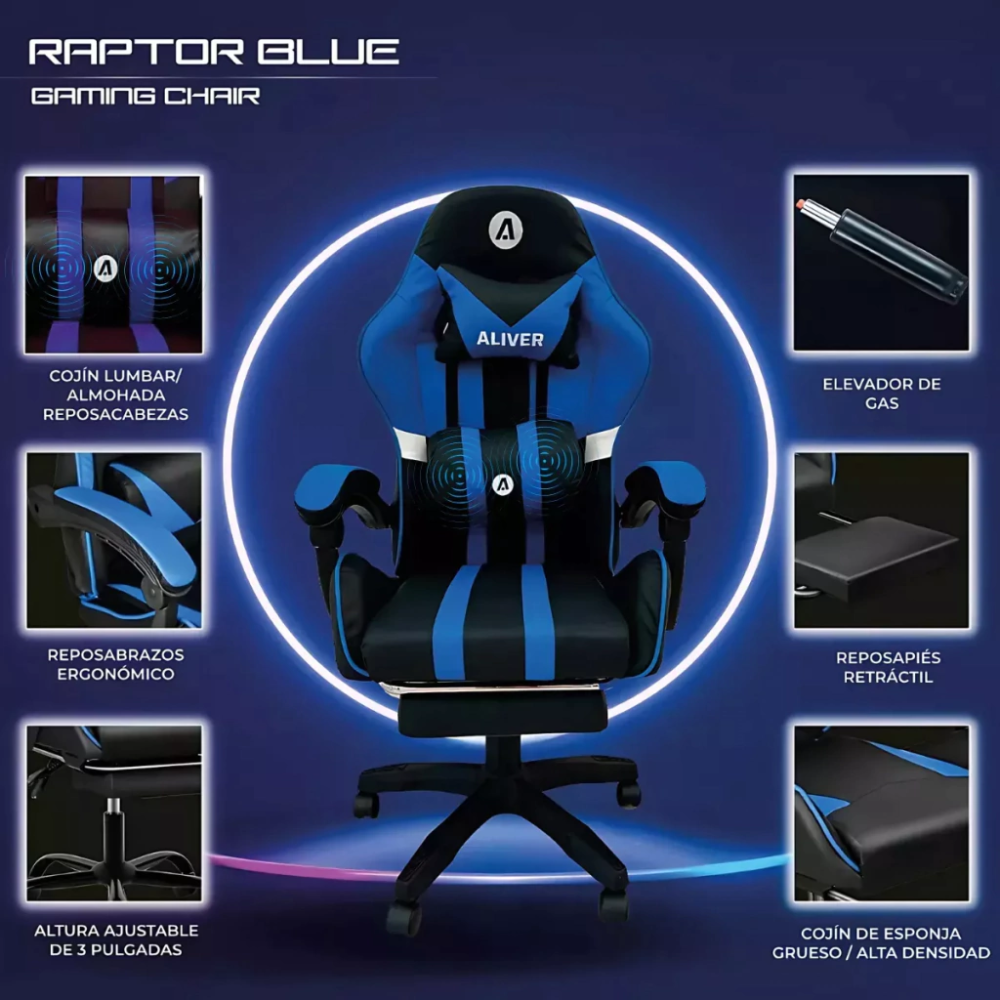 Silla Gamer Aliver Raptor Masajes/Reposapies Negro/Azul AL-GC9910 - Imagen 3